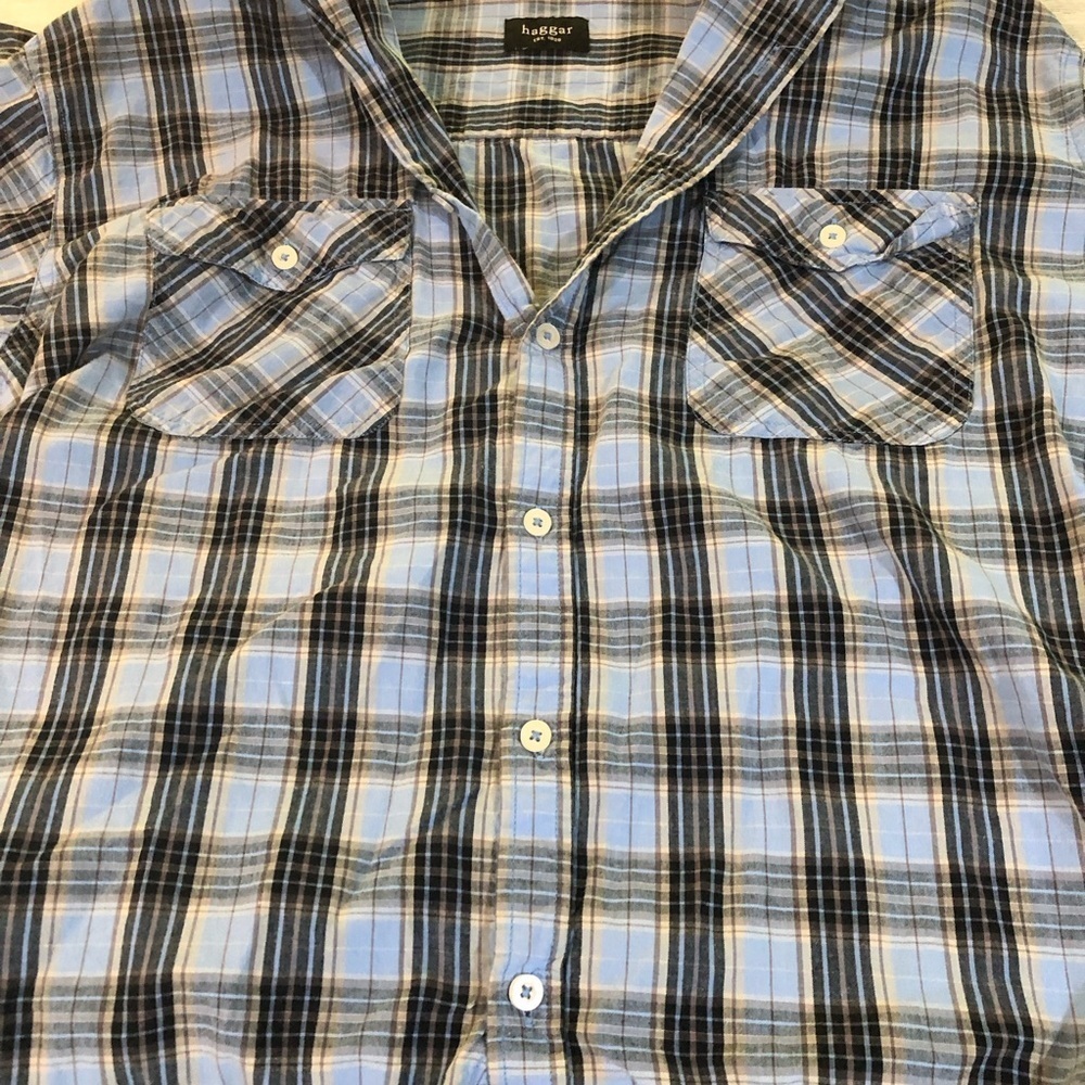 Haggar Men's Light Blue and Black Plaid Shirt